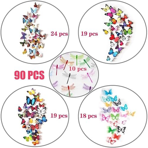90 PCS Butterfly Wall Decor, Plastic Butterflies Sticker Waterproof Removable Reusable Mural Wall Decals for Home Room Bedroom Nursery Party Decorations