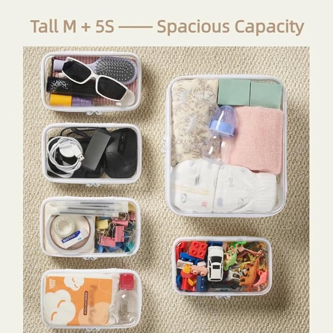 6 pcs Zipper Pouches, Hard Shell Toiletry Bag, Stackable Travel Organizer, Cosmetic Bags, Transparent Diaper Bag, Storage Cases (Tall M + 5S)