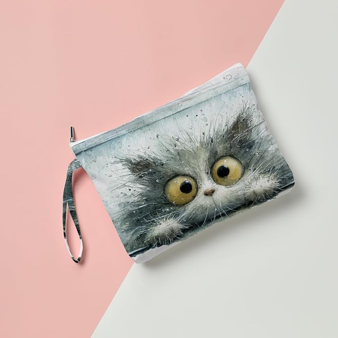 Fokongna Cute Print Wet Bag, Small Portable Waterproof Multi-Functional Organizer for Women, Grey Watercolor Fluffy Cat, Ideal for Daily, Beach & Travel
