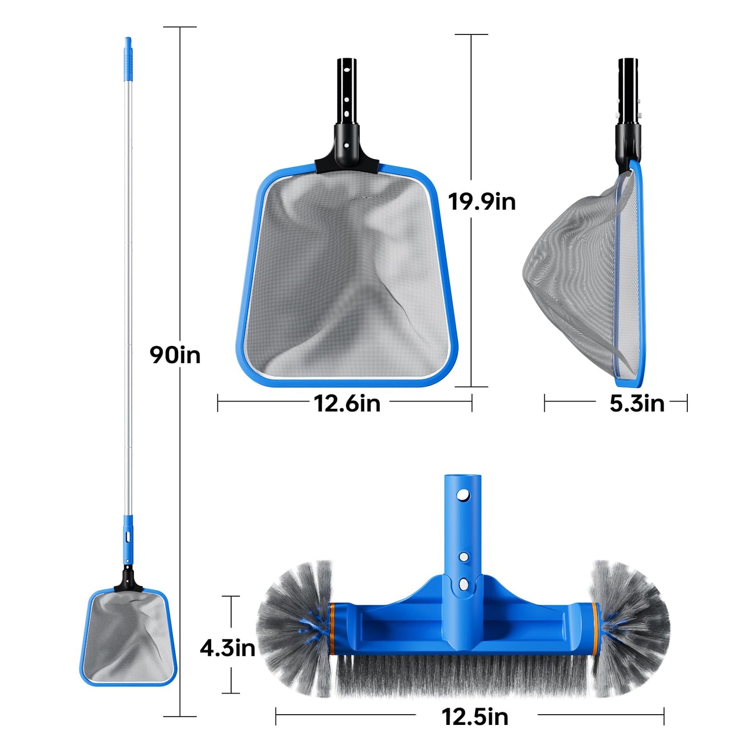 Sepetrel Deluxe Swimming Pool Cleaning Kit Including Half-Deep Fine Mesh Pool Leaf Skimmer Net,12" Round Pool Brush Head & 70.5" Pole, for Above Ground Pools,Ponds,Spas,Hot Tubs