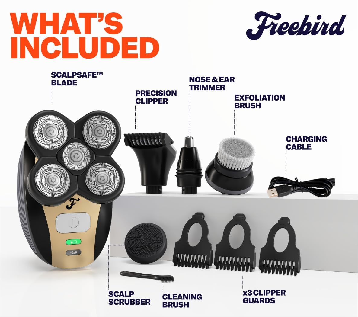 Freebird Electric Head & Body Hair Shaver - Mens Cordless Waterproof Razor with Rotary Blades (FlexSeries, Shaver Kit + One Blade Refill)