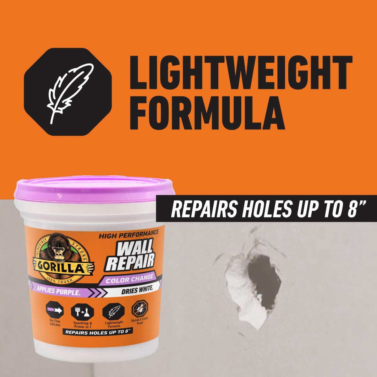 Gorilla High Performance Wall Repair Color Change, 32 Ounce Tub, Applies Purple, Dries White – Spackling & Primer in One, Shrink & Crack Resistant