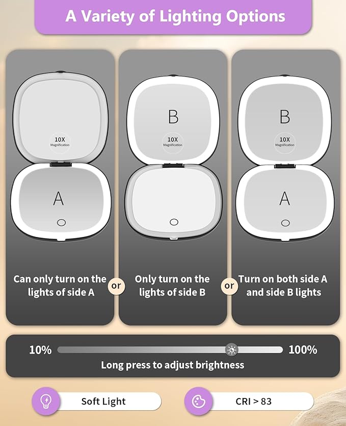 WOBSION Rechargeable Lighted Travel Makeup Mirror,1x/10x Compact Magnifying Mirror with Lights,Portable for Bag,4inch,Gift,Black