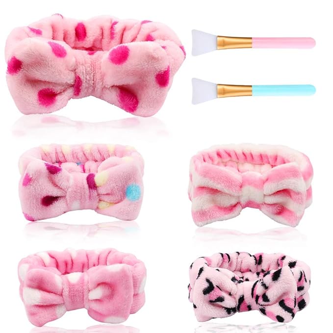 AOPRIE 5pcs Spa Headbands for Washing Face Spa Headbands for Women Soft Coral Fleece Pink Elastic Hair Bands Head Wraps for Shower with Two Beauty Brushes