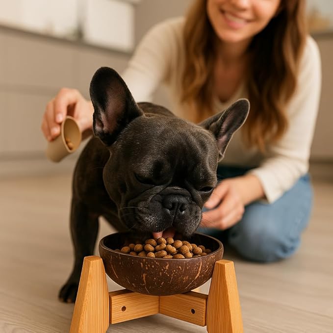 Dog Bowl for Cats and Small Dogs - All-Natural, Polished Coconut Shell Bowl with Wood Stand - Elevated/Raised 5-inch Total Height - Food-Contact Suitable