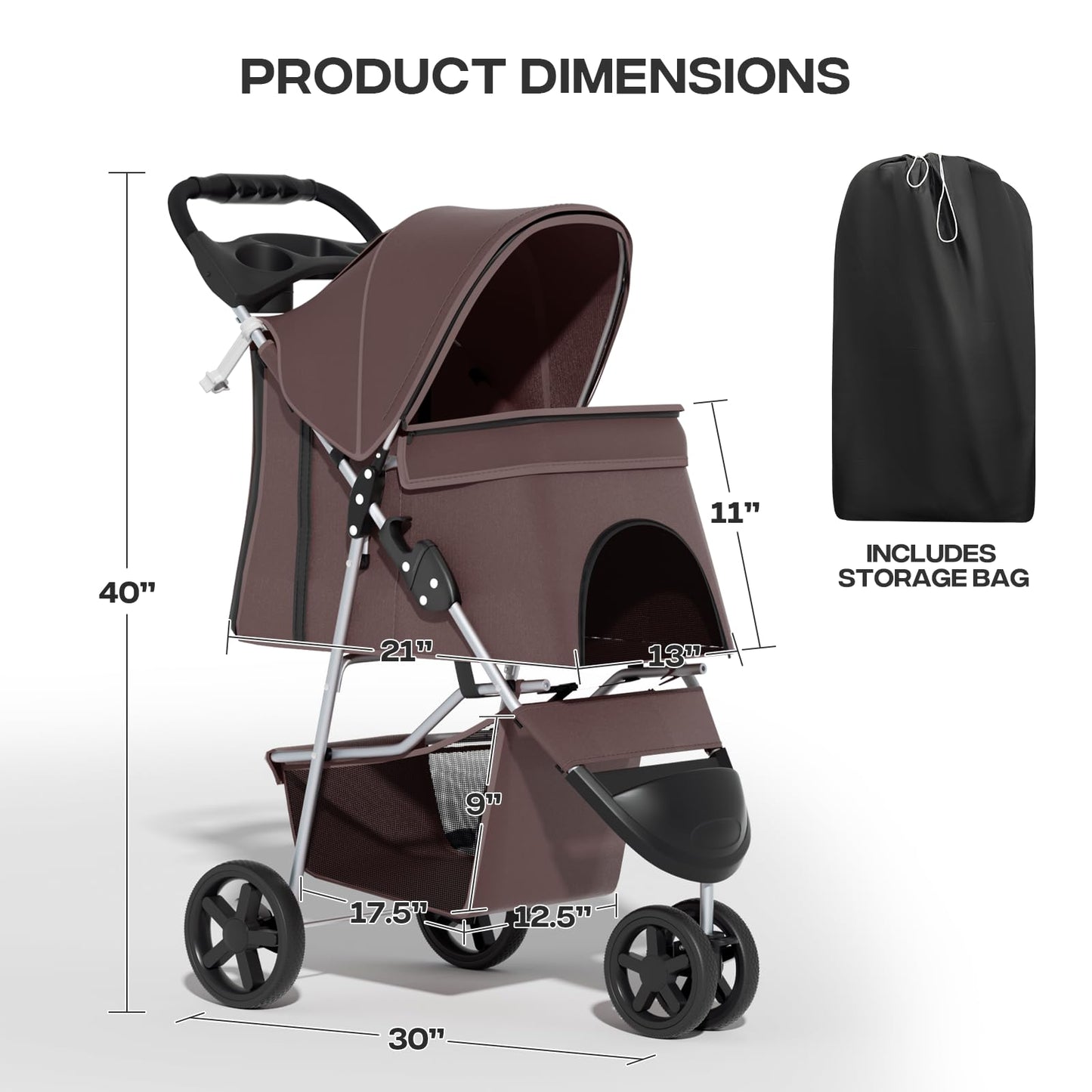 Pet Stroller for Small Dogs 10 lbs, Dog Stroller for Medium Dogs 30 lbs, Cat Strollers for 2 Cats, 3 Wheels Foldable Jogger Puppy Stroller with Storage Basket and Cup Holder, Coffee
