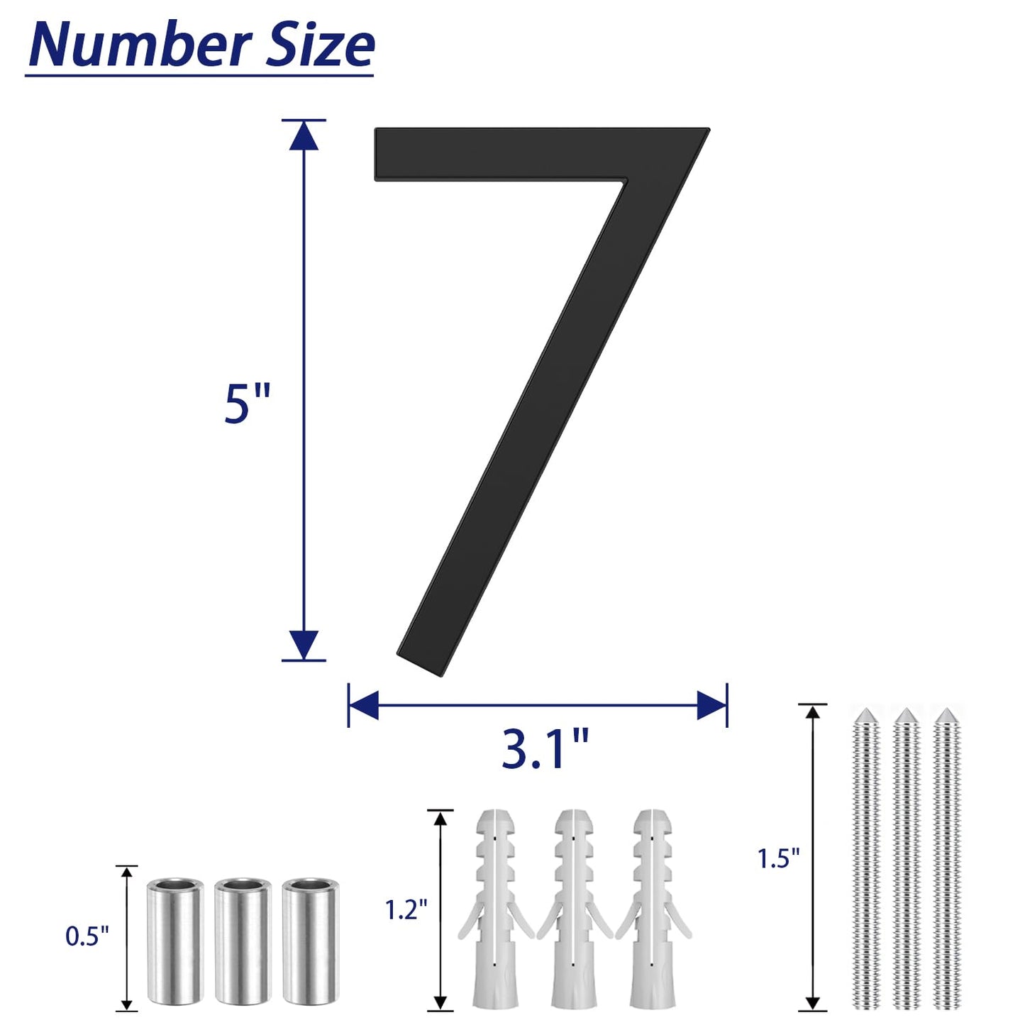 Modern House Numbers for Outside, 5 Inch Floating House Numbers, Metal Address Sign, Mailbox Number, with Nail Kit, Never Rust, Matte Black (Black, 7)
