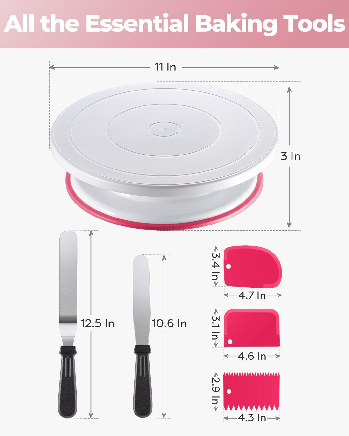 Kootek Cake Decorating Kit Baking Supplies Cake Turntable with 2 Frosting Straight Angled Spatula 3 Icing Smoother Scrapers Baking Accessories Tools for Beginners and Pros, Pink