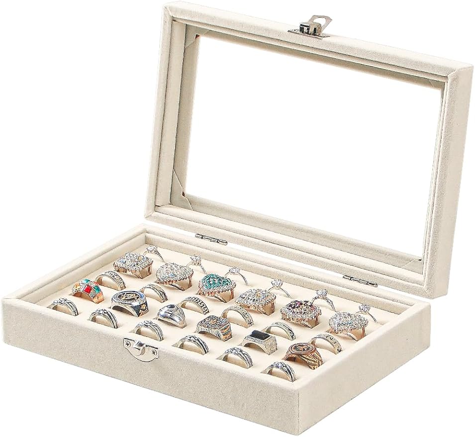 Ring Holder Organizer Box,Jewelry Ring Display Case, Earring Necklace Storage Tray With Top Glass Lid (Beige, 30 Slots Ring)