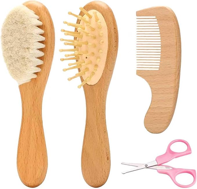 Goat Baby Hair Brush Set, Wooden Comb Massage Scalp Comb, Safe Natural Hair Care Kit, Soft Silicone Bath Brush for Newborns Toddlers (Brush Set+ Massager)