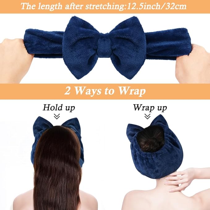 Shintop Face Wash Headband, Soft Spa Headband Carol Fleece Makeup Headwear with Cute Bow Elastic Hairband for Skincare Facial Mask ShowersÃ¯Â¼ÂNavy blueÃ¯Â¼Â
