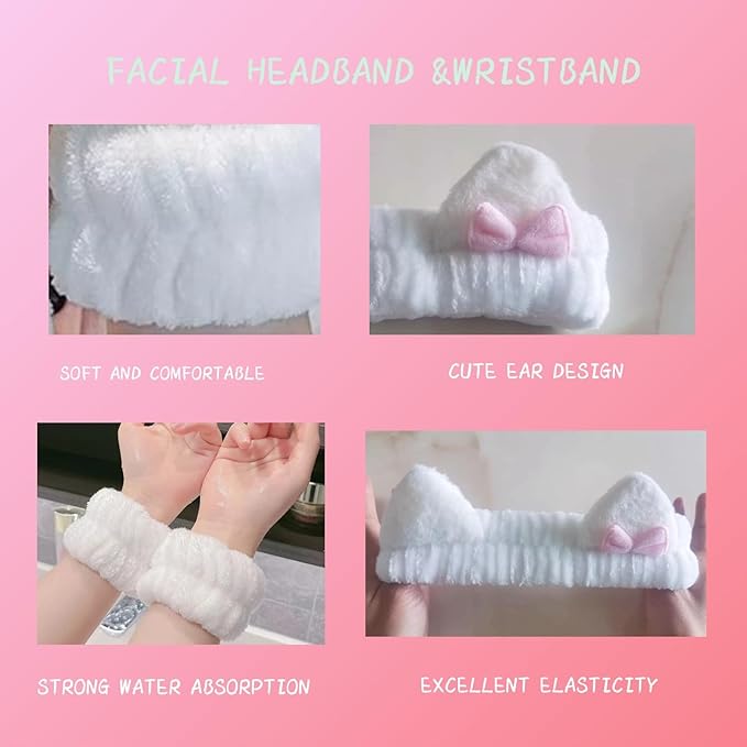 Cute Spa Headband and Wristband Set for Women Kawaii Ear White Makeup Headband for Washing Face (3PCS, White)
