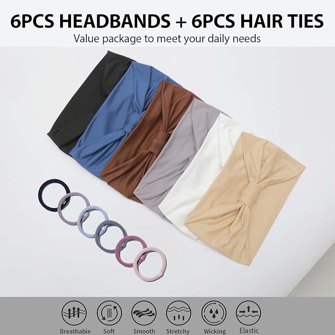 Wide Headbands for Women - 6 Pack Thick Stretchy Elastic Cloth Head Bands for Women's Hair, Non Slip Sweat Bands Soft Workout Headbands for Running, Makeup Headband for Washing Face, Spa & Skincare