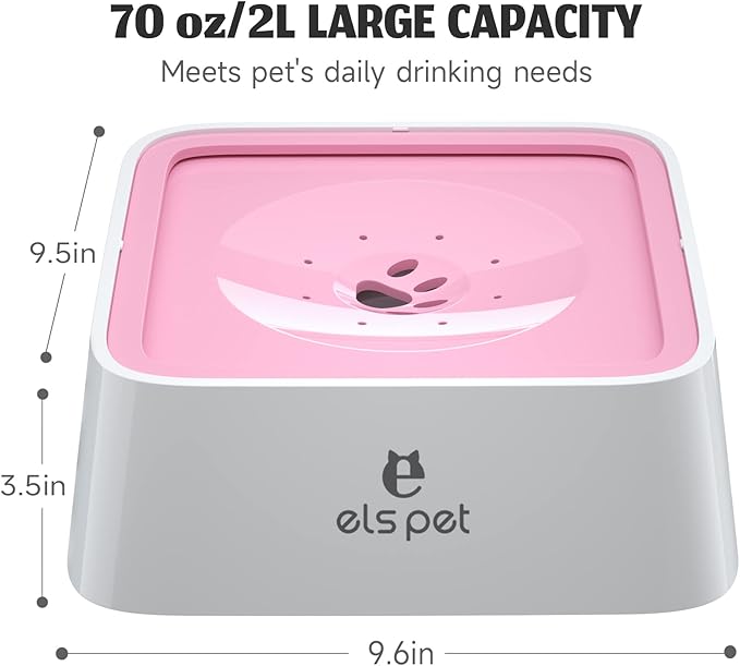 ELS PET No Spill Dog & Cat Bowl - 70oz/2L Large Capacity Travel Water Dispenser (Pink)