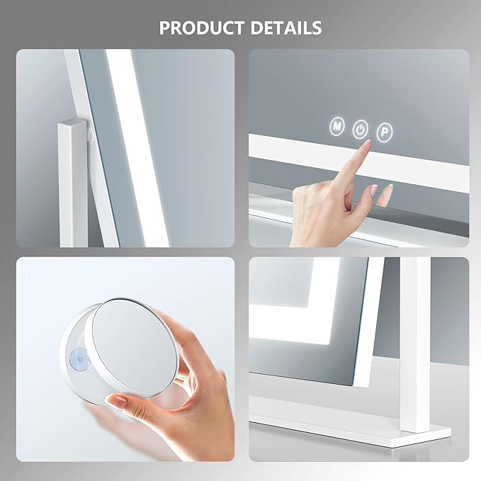 Vanity Mirror with Lights, 15.2’’ LED Makeup Mirror Detachable 10X Magnification, Smart Touch Control, 3 Color Lighting Modes,360°Rotation Tabletop Make Up Mirror for Bedroom Bathroom(Curved)