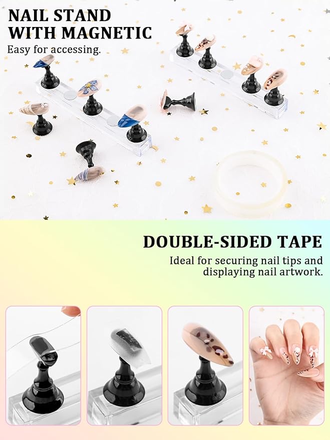 Nail Art Tools Set, Nail Stand for Press on Holder for Painting Nails, Nail Art Brushes, Liner Brushes, Nail Dotting Tool, Must Haves Design Tools Supplies Kit for Nail Tech & Beginners (Black)