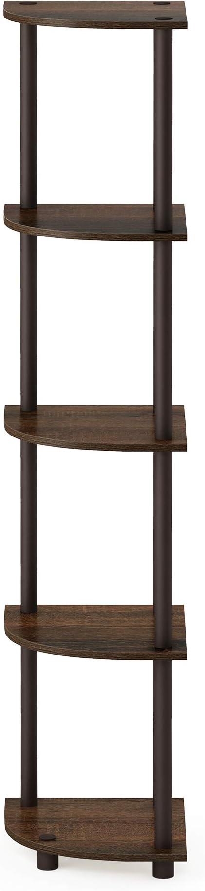 Furinno TURN-N-TUBE Corner Shelf, 5-Tier Corner Bookshelf, Open Storage Shelves, for Organization and Storage, Living Room, Home Office, Garage, Bedroom, Walnut