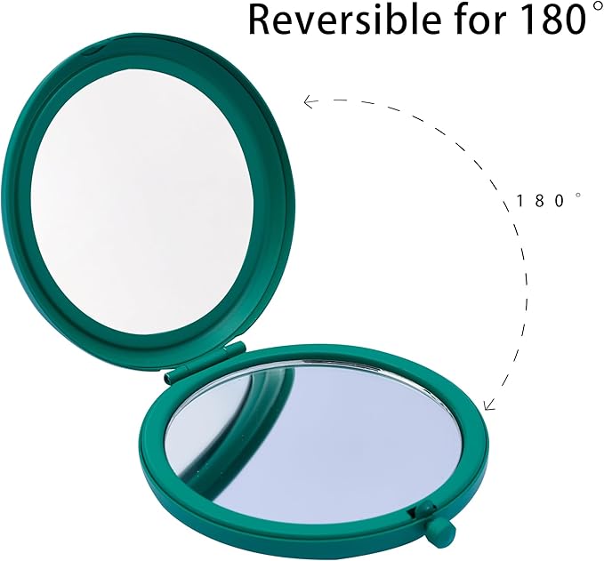Compact Mirror for Purse, Metal Round Shell, Double-Sided 1X/2X Magnifying, Portable Travel Makeup Mirror, Mini Pocket Mirror, Peacock Green, 2 Packs