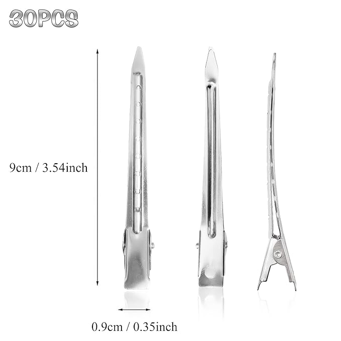 30 Packs Hair Clips, Duck Bill Clips, Hair Coloring, Hair Clips & Barrettes, 3.5 Inches Rustproof Metal Alligator Curl Clips with Holes for Hair Styling, Silver