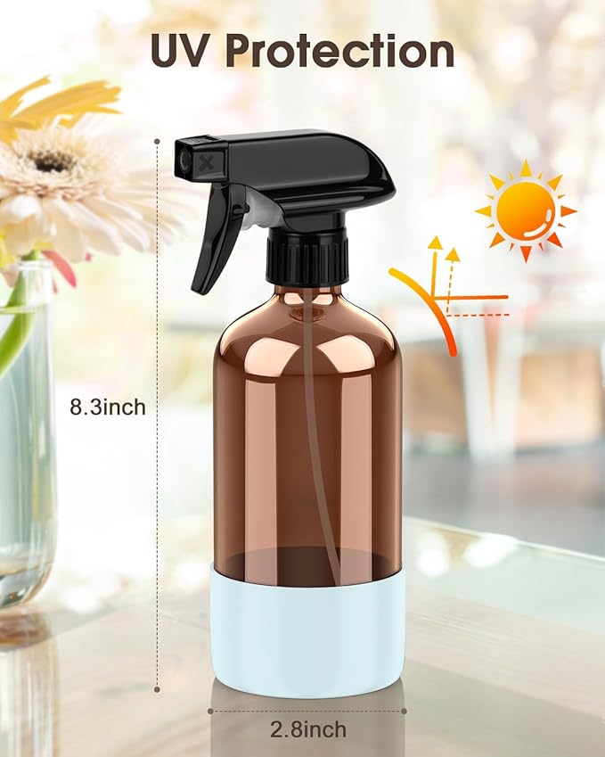 Bontip Glass Spray Bottle with Silicone Sleeve Protection, Amber Glass Spray Bottle Set for Window Cleaner Aromatherapy Facial Hydration Watering Flowers Hair Care 2 Pack/16 oz (Black & Blue, 16 oz)