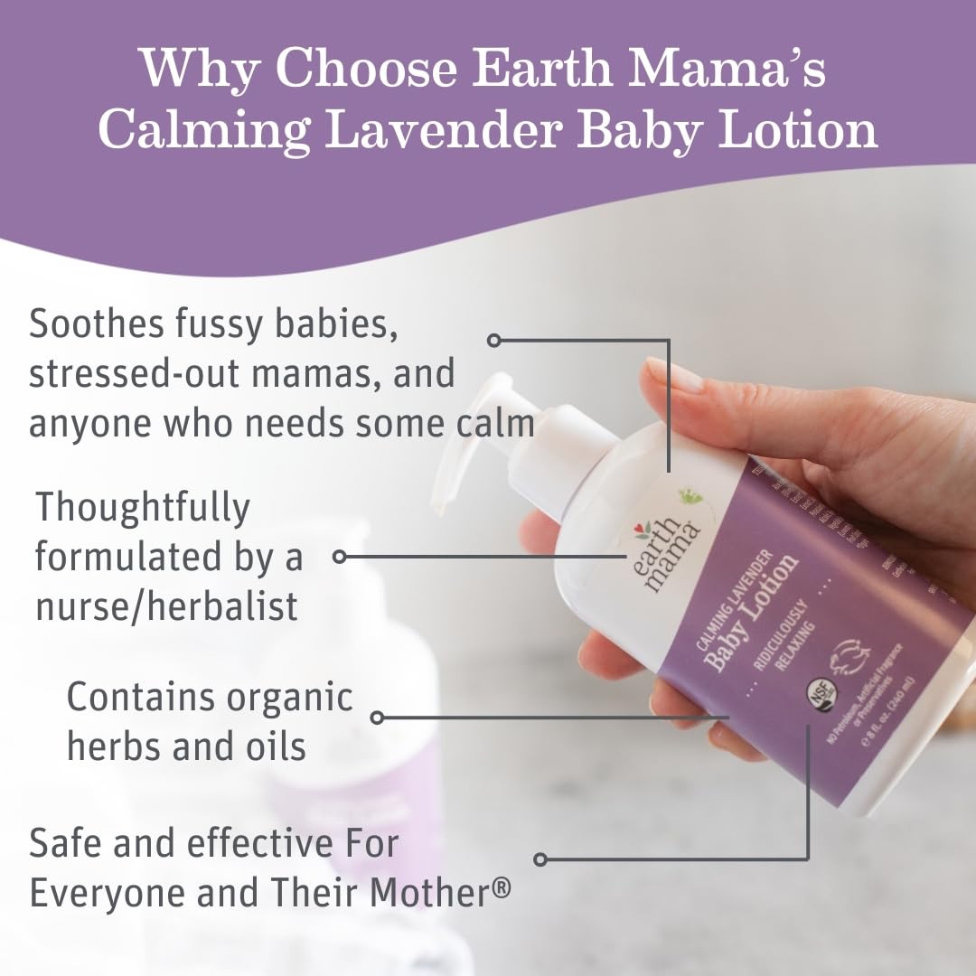Earth Mama Calming Lavender Baby Lotion for Dry Skin, Calendula Cream for Newborn Skin Care, Children's Moisturizer, Aloe Juice, Rooibos, & Shea Butter, Lavender Lotion, 8 Fl Oz (2Pk)