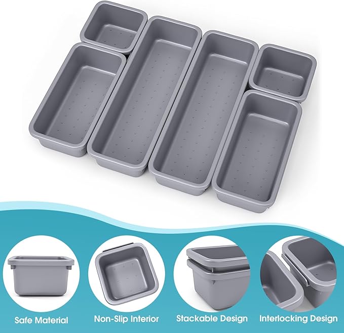 6 PCS Drawer Organizer Set, 3 Size Makeup Drawer Divider Organizer With Non-Slip Pads, Interlocking Plastic Storage Bins for Office,Jewelry Vanity,Gadgets, Bathroom,Kitchen, Grey