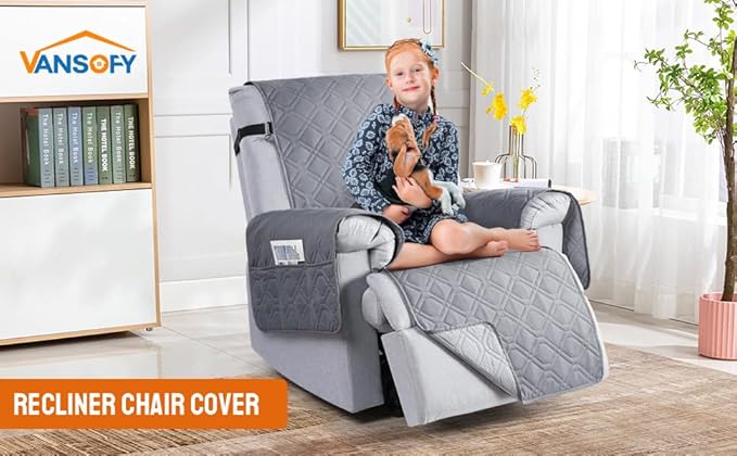 VANSOFY 100% Waterproof Recliner Chair Covers, Recliner Cover Non-Slip Dog Chair Cover Furniture Protector Washable Slipcover with Pocket, Elastic Straps for Pets, Dogs(Light Gray, 28")