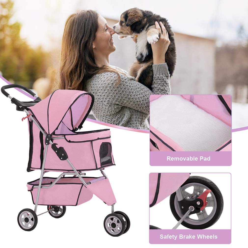 BestPet 3 Wheels Pet Dog Stroller Cat Cage for Medium Small Dogs Cats Travel Folding Carrier Waterproof Puppy Stroller with Cup Holder & Removable Liner,Pink