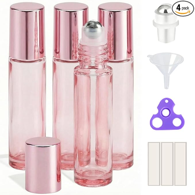 PrettyCare 4 Pack, 10 ml Essential Oil Roller Bottles with Stainless Steel Roller Ball - Refillable Leak-proof Empty Thick Pink Glass Roll on Bottles with Pink Caps for Travel, Perfume