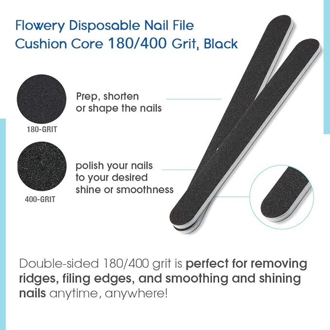 Flowery Disposable Nail File Cushion Core 180/400 Grit, Black, (Pack of 100)