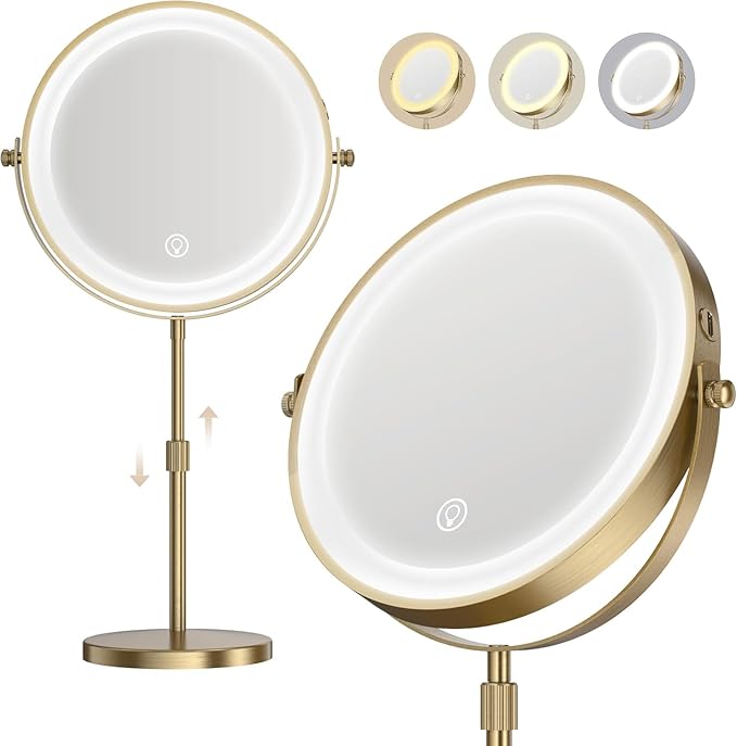 Makeup Mirror with Lights, 1x/20x 360ÃÂ° Rotation Vanity Mirror, Brightness Adjustable Lighted Makeup Mirror with Magnification, 5000 mAh Rechargeable Double Sided Mirror with 3 Colors, Gift for Women