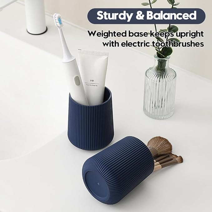 YAUKPH Navy Blue Striped Toothbrush Holder for Electric Toothbrushes Bathroom Organizer Cup for Toothpaste Kids & Adults