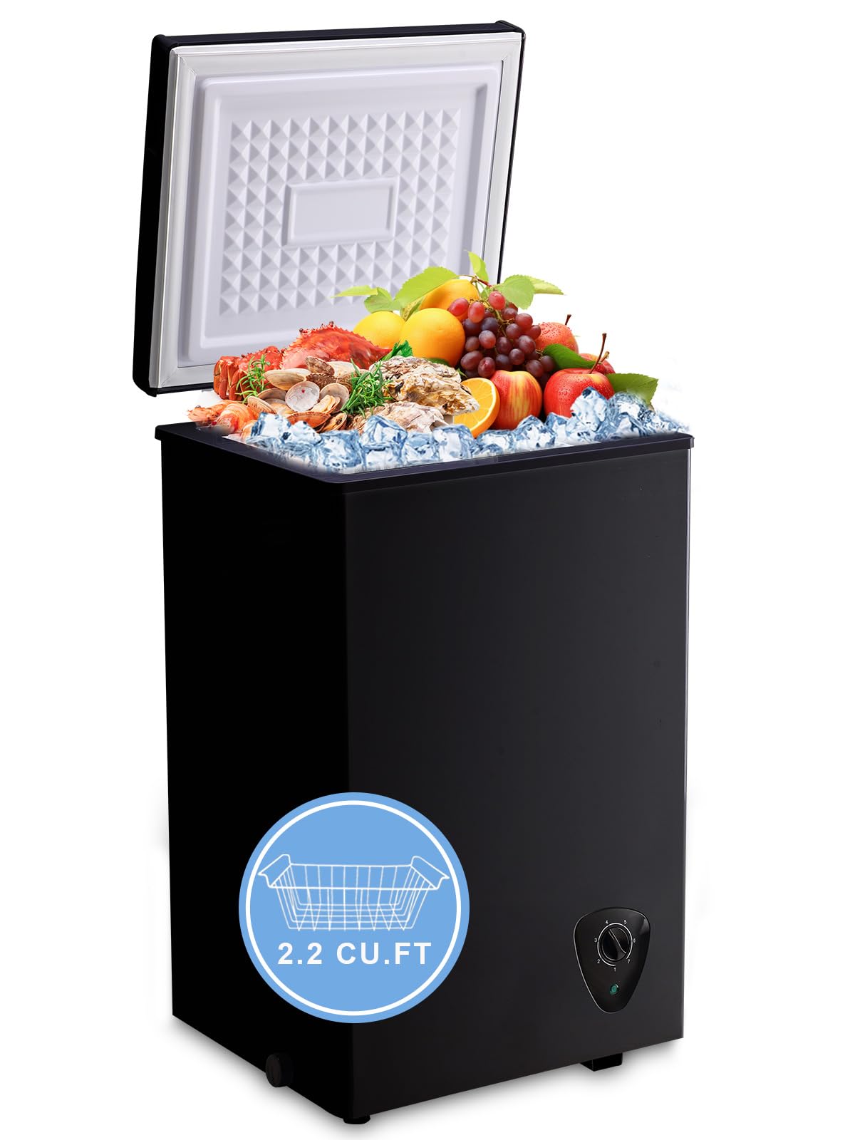 Chest Freezer Small Deep Freezer Black 2.2 Cu.Ft Free-Standing 7 Temperature Control and Removable Basket Open Deep Freezer Energy Saving Apartment Kitchen