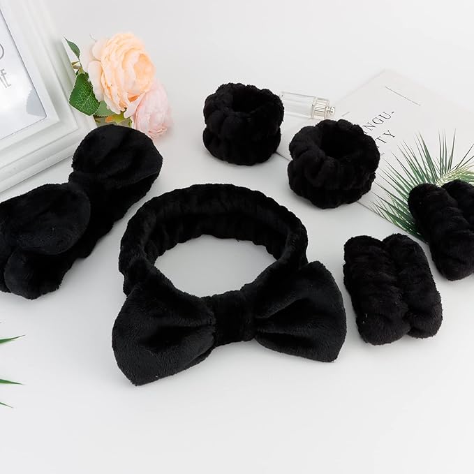 Casoty 6 Pcs Black Microfiber Hairband Set Soft Coral Fleece Material, Good Elasticity, Wide Application for Makeup Headband, Yoga, Reading, Work, Halloween Costume, Pajama Parties