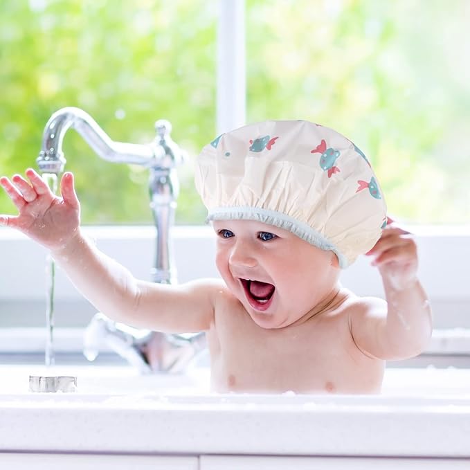 Waterproof Shower Caps, 3 Pcs Plastic Reusable Shower Caps Elastic Band Bath Caps for Women, Kids (Food)