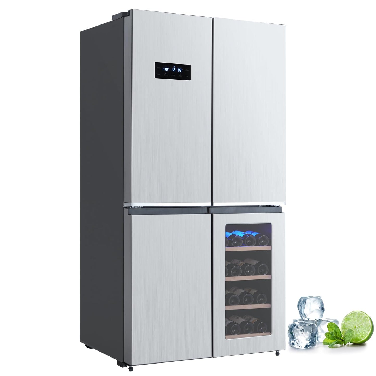 GarveeLife 36 In French Door Refrigerator, 21 Cu.Ft. Counter Depth Refrigerator Bottom Freezer with Wine Cabinet, Stainless Steel 4 Doors Fridges Kitchen Freezer, Adjustable Shelves