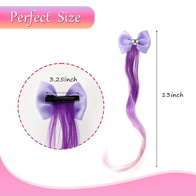 6 Pcs Hair Clips for Girls - 13in Color Hair Extensions Clip for Girls, Curly Clip in Hair Extensions with Cute Unicorn Bow for Toddler Kids Ponytails Accessories