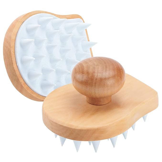 Hangerspace Scalp Massager Shampoo Brush, Wooden Wet and Dry Hair Scalp Care Brush, Shower Brush Scalp Scrubber Exfoliator with Soft Silicone Bristles for Dandruff Removal, Hair Growth (White)