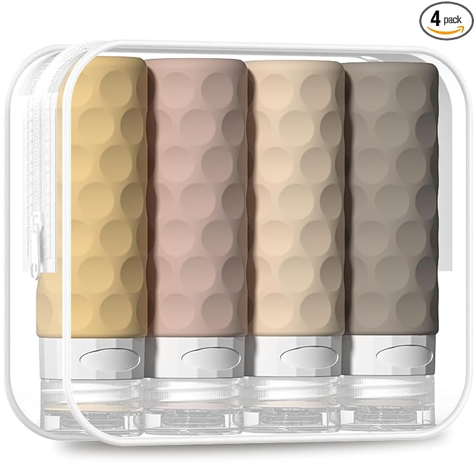 Silevoler Travel Bottles for Toiletries, 4pcs Tsa Approved 3oz Travel Size Containers, BPA Free Leak Proof Premium Silicone Bottles, Refillable Liquid Squeezable Accessories W/Toiletry Bag（Apricot）