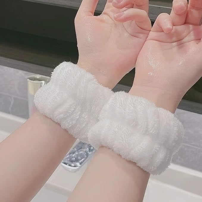 Cute Spa Headband and Wristband Set for Women Kawaii Ear White Makeup Headband for Washing Face (3PCS, White)