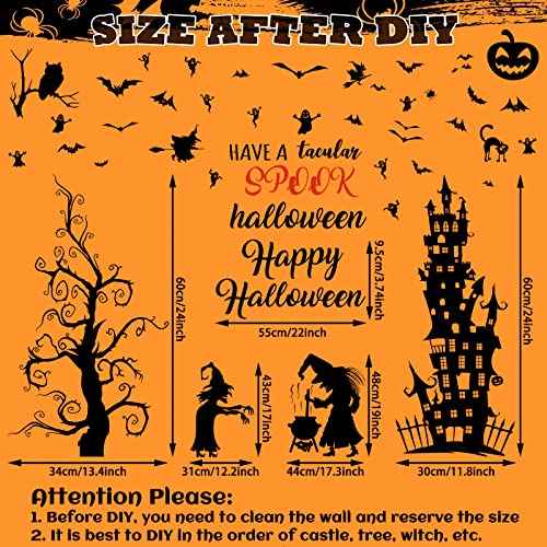 6 Sheets Halloween Wall Decals Removable Tall Haunted House Stickers Decorations DIY Spooky Garage Door Stickers Witch Bats Ghost Tree Castle Window Decals for Wall Room Nursery Halloween Party