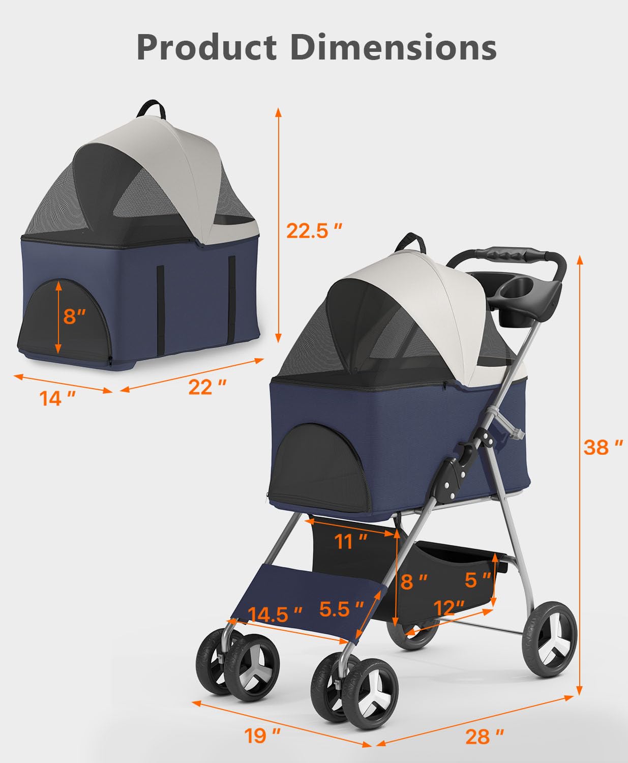 OS MOTOR Pet Stroller with 4 Wheels for Small/Medium Pets,Travel Foldable Detachable Carrier for Dog Cat Cage Jogger Stroller, Rear Wheel Breaks, Storage Basket, Visible Mesh Weather Cover (Navy Blue)