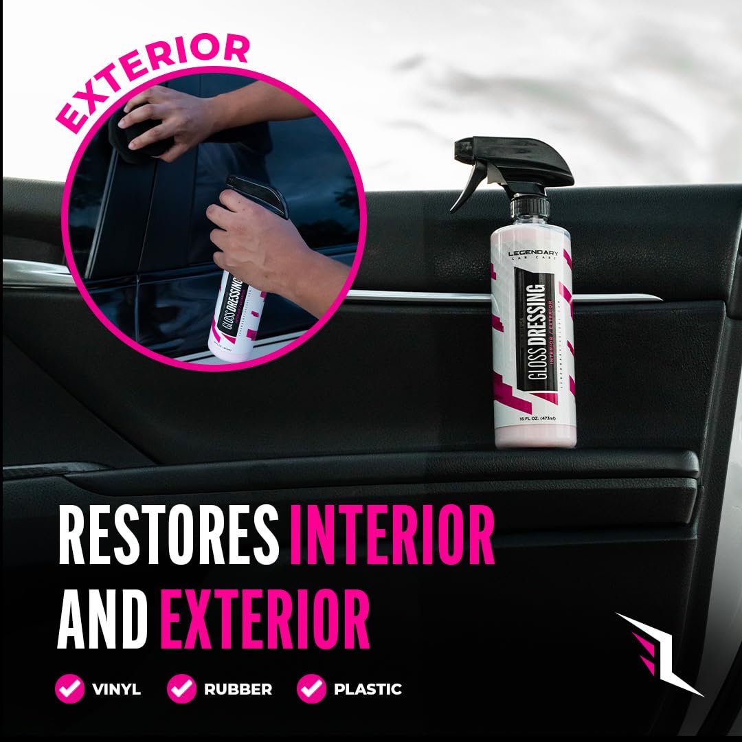 Legendary Gloss Dressing with Applicator 16oz - Tire Shine Spray & Plastic Restorer – Water Based & Non-Greasy Interior/Exterior Detailing Spray - Trim, Rubber, Vinyl & Plastic Restorer for Cars