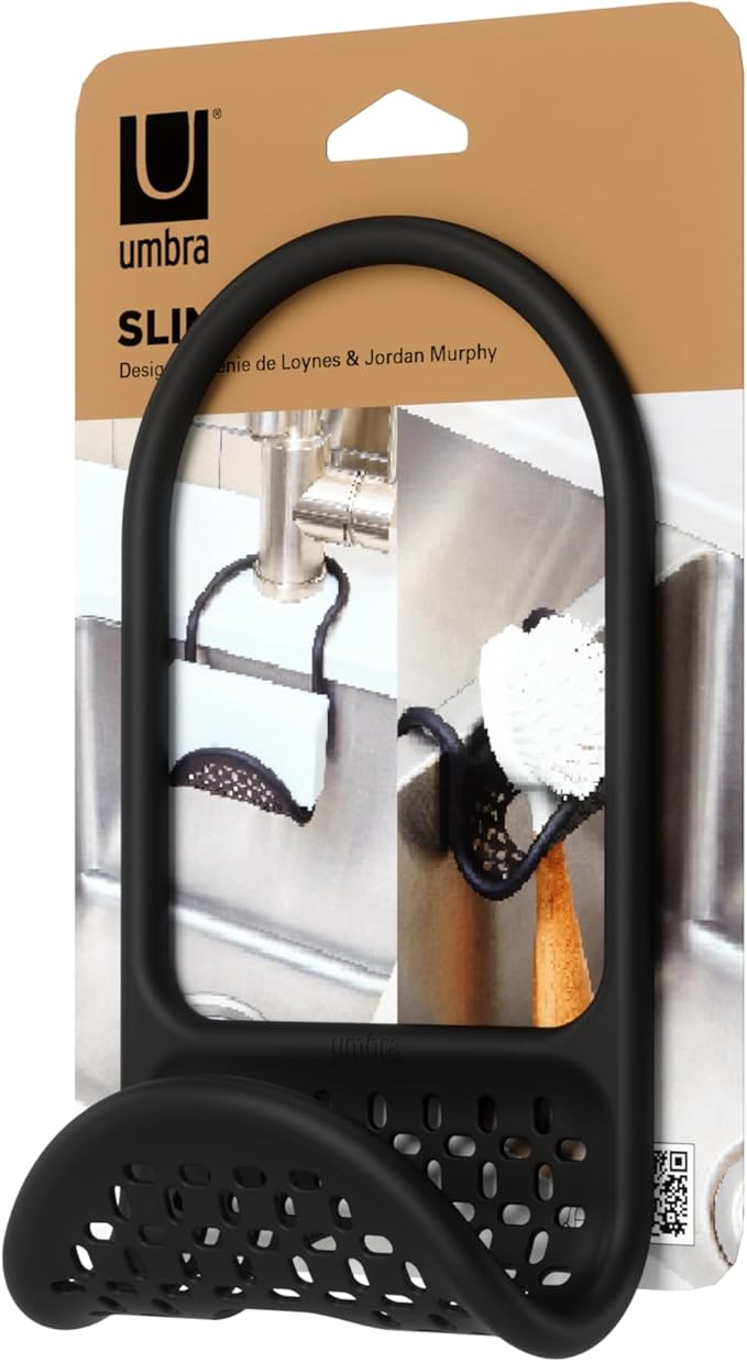 Umbra Sling Kitchen Sink Caddy Sponge Holder, Hangs Over Faucet or Divider, Single, Black