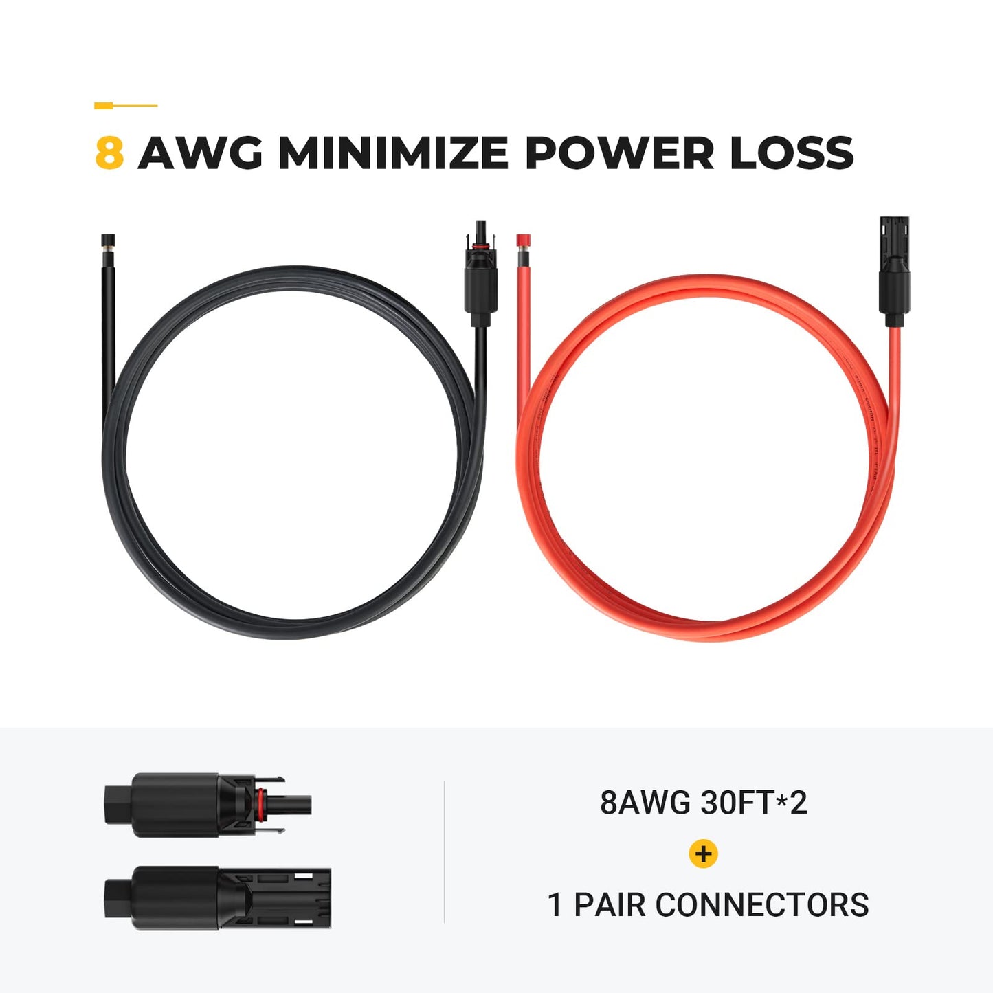 BougeRV 30 Feet 8AWG Solar Extension Cable with Female and Male Connector with Extra Pair of Connectors Solar Panel Adaptor Kit Tool (30FT Red + 30FT Black)