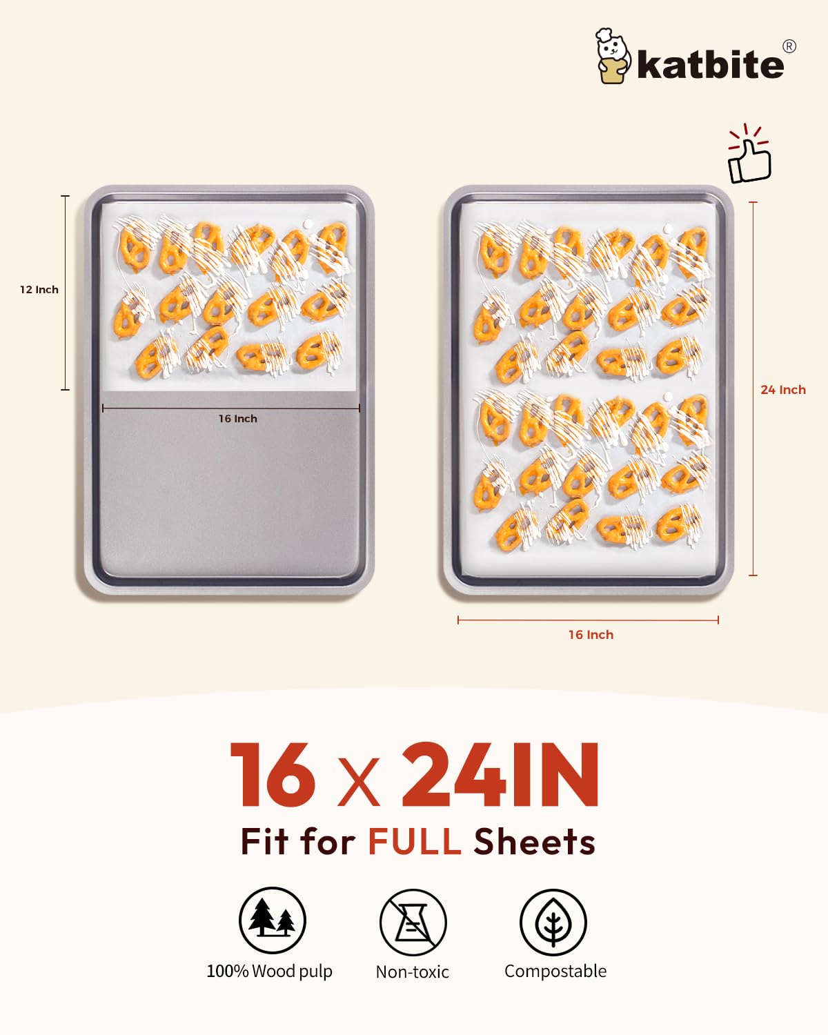 Katbite 16x24 inch Heavy Duty Parchment Paper Sheets, 100Pcs Precut Non-Stick Full Parchment Sheets for Baking, Cooking, Grilling, Frying and Steaming, Full Sheet Baking Pan Liners [Advanced Series]