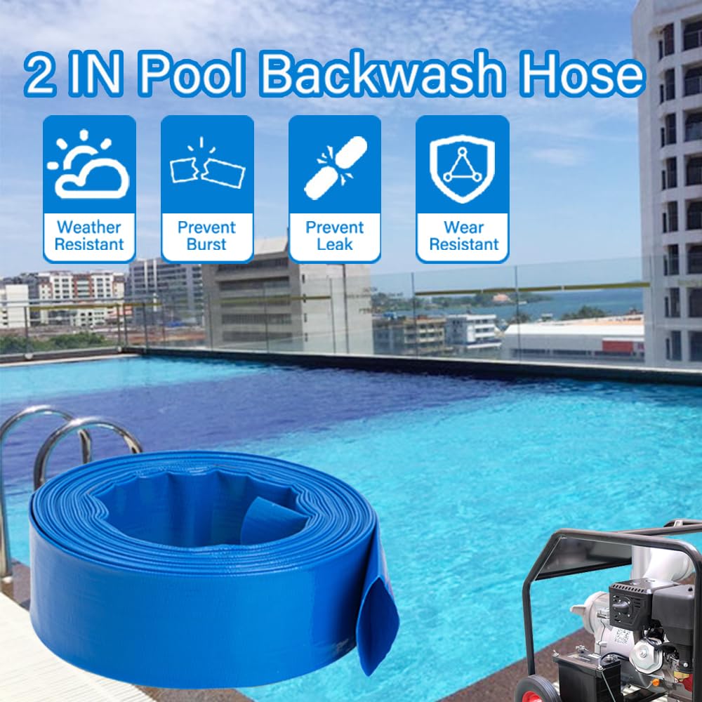NUDAOS 2" x100 FT, Pool Backwash Hose, Heavy-Duty PVC Hose, Lay Flat Discharge Hose, Weatherproof Burst Resistant for Water Transfer, Sump Pump, Pool Filter, Pool Drain，with 2 Clamps