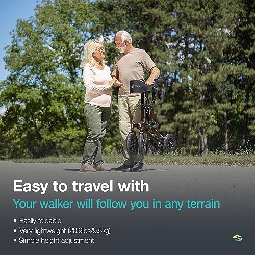 Helavo All Terrain Walker with Puncture-Proof, Flat-Free Solid Rubber Tires, 12" Wheels - Foldable Outdoor Walker for Seniors with Seat, Ergonomic Handles and Extra Padded Backrest
