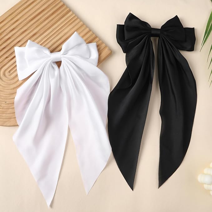 2PCS Big Hair Bow Clips for Women Girls Ã¢ÂÂ Black & White Ribbon Bow Barrettes with Long Tails, Large Satin Hair Accessories for Ponytail, Party, Wedding, Daily Styling