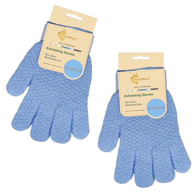 Evridwear Exfoliating Dual Texture Bath Gloves for Shower, Spa, Massage and Body Scrubs, Dead Skin Cell Remover, Gloves with Hanging Loop (2 Pairs Moderate)